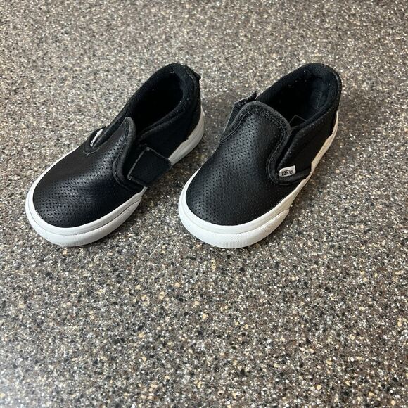 Vans Classic Little Kids Toddler Sz 6 Black Leather Sneaker Shoe Snap On Low Top - Picture 3 of 10